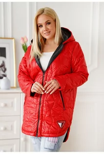 Kurtki damskie - Czerwona długa wiosenna kurtka pikowana z kapturem - Edwige - XL-ka - grafika 1