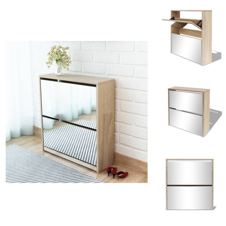 vidaXL Szafka na buty z 2 przegrodami lustro dąb 63x17x67 cm - Półki i szafki na buty