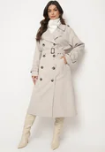 Płaszcze damskie - Jasnobeżowy Dwurzędowy Płaszcz Trencz o Oversizowym Kroju z Paskiem Inathara - miniaturka - grafika 1