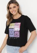 Koszulki i topy damskie - Czarny Bawełniany T-shirt z Ozdobnym Nadrukiem na Przodzie Sadla - miniaturka - grafika 1