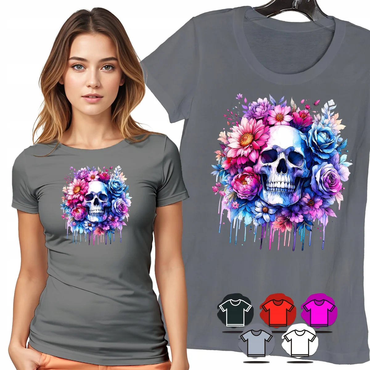 KOSZULKA DAMSKA T-SHIRT - CZASZKA RÓŻE I KWIATY AKWARELA WZÓR DAMSKI - 3XL