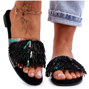 Damskie Klapki Z Modnymi Ozdobami S.Barski KV-576-4 Czarne bezbarwne - Klapki i japonki damskie - miniaturka - grafika 1