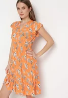 Sukienki - Pomarańczowa Sukienka Bawełniana z Kopertowym Dekoltem w Kwiatki Akariela - miniaturka - grafika 1