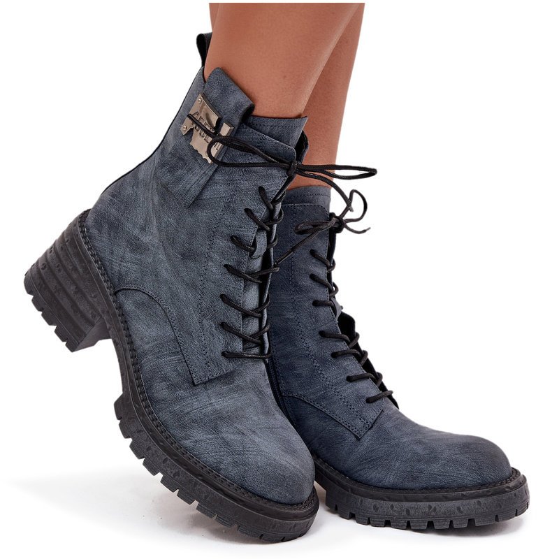 Skórzane Botki Workery Damskie Na Klocku Z Ozdobnym Detalem Artiker 57C0212 Niebieskie 37-40