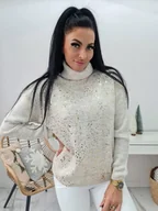 Swetry damskie - SWETER GOLF GALACTIC Z NAKRAPIANYM ZŁOTYM PRINTEM - BEŻOWY MELANŻ - MODA ITALIA - miniaturka - grafika 1