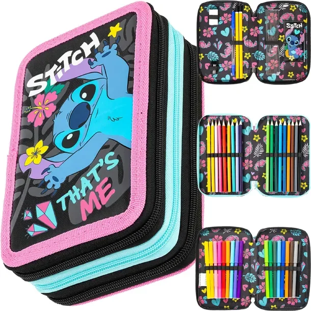 Stitch Piórnik Szkolny Trzykomorowy Wyposażenie Kredki Pisaki That`s Me