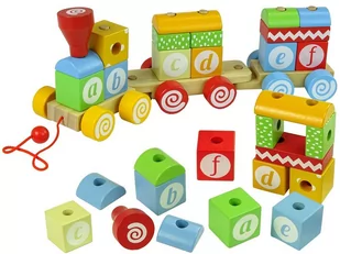 Import leantoys Pociąg Drewniany Lokomotywa Dwa Wagony Literki Kształty 9245-uniw - Pociągi dla dzieci - miniaturka - grafika 1