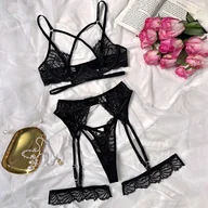 Komplety bielizny - Koronkowy zestaw bielizny z podwiązkami - Czarny S - miniaturka - grafika 1
