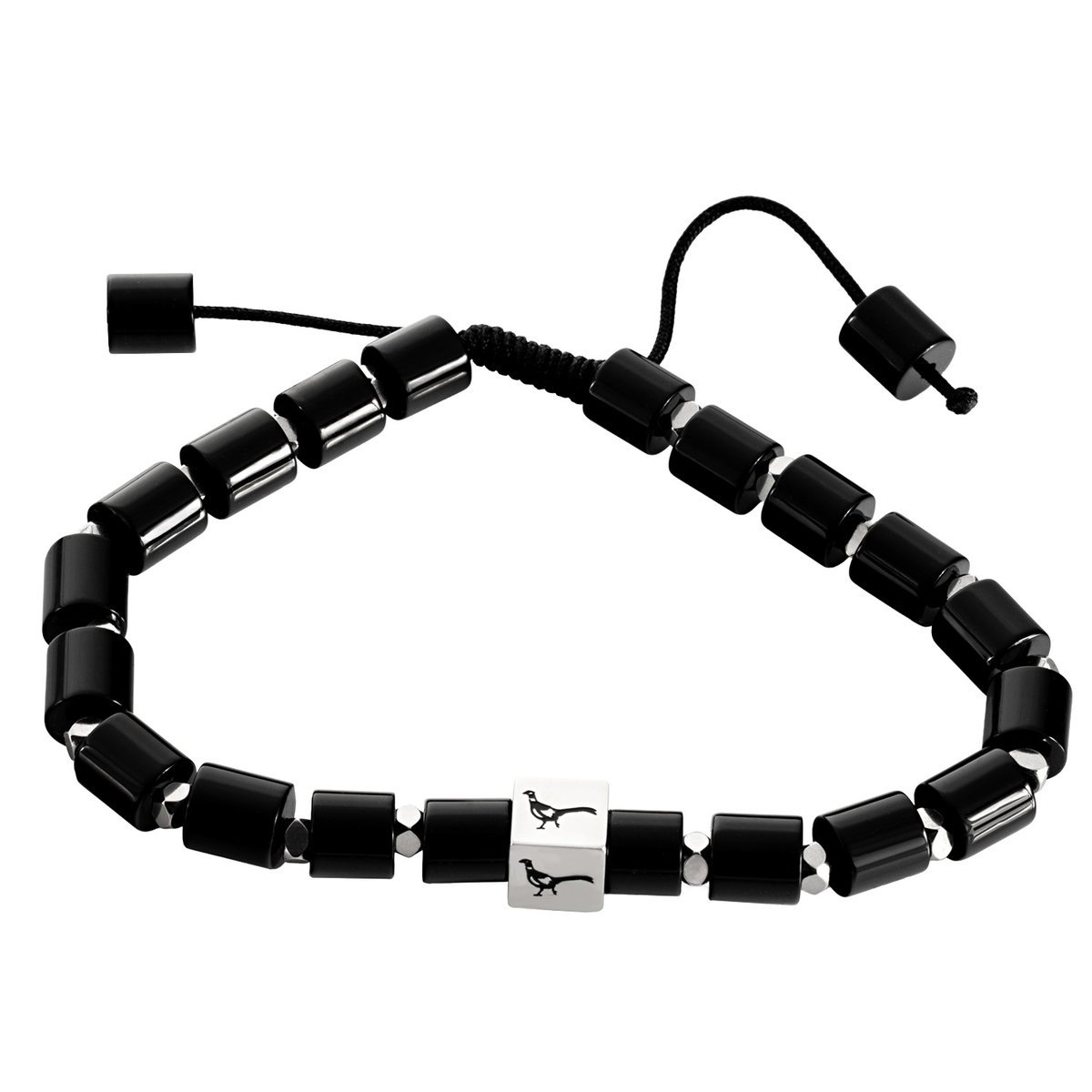 Bransoleta męska z czarnym agatem i grawerowanym bażantem B-29