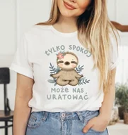 Koszulki i topy damskie - biała koszulka damska z nadrukiem tylko spokój może nas uratować - miniaturka - grafika 1