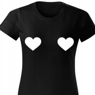 Zestawy upominkowe - CZARNA KOSZULKA DAMSKA Krótki Rękaw BIAŁE SERCA Nipples Cover Rozmiar L - miniaturka - grafika 1