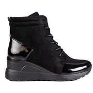 Botki damskie - Vinceza Sportowe sznurowane botki damskie na koturnie Shelovet czarne - miniaturka - grafika 1