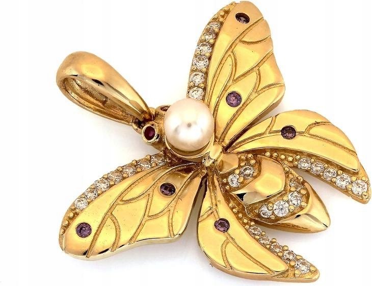 Zawieszka złota 585 motyl z perłą i cyrkoniami na prezent 14k elegancka