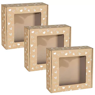 Kwadratowe pudełko fasonowe z okienkiem, pudełko prezentowe z białym nadrukiem serduszka 20x20x5 cm x3 - Zestawy upominkowe - miniaturka - grafika 1