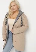 Kurtki damskie - Beżowa Kurtka Parka z Nieodpinanym Kapturem i Napisami Zolzia - miniaturka - grafika 1