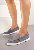 Mokasyny damskie - Szaro-Niebieskie Mokasyny Ozdobione Przeszyciami Fonaleia - miniaturka - grafika 1