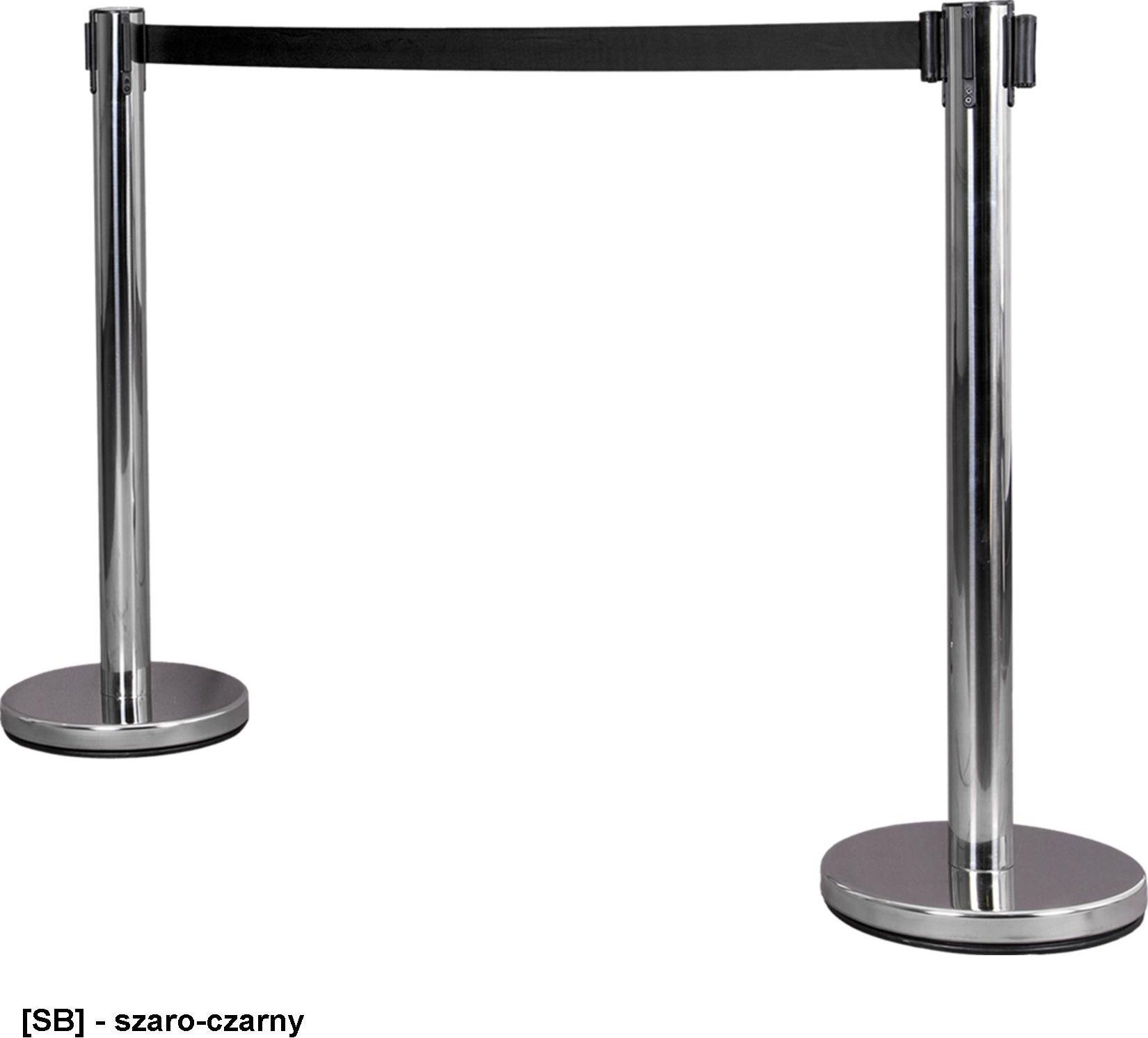 R.E.I.S. POST-STEEL-2 - słupek odgradzający, stal nierdzewna z taśmą, wysokość 90cm, średnica podstawy 32cm, waga 7kg, taśma poliester 5cm, - szaro-czarny.