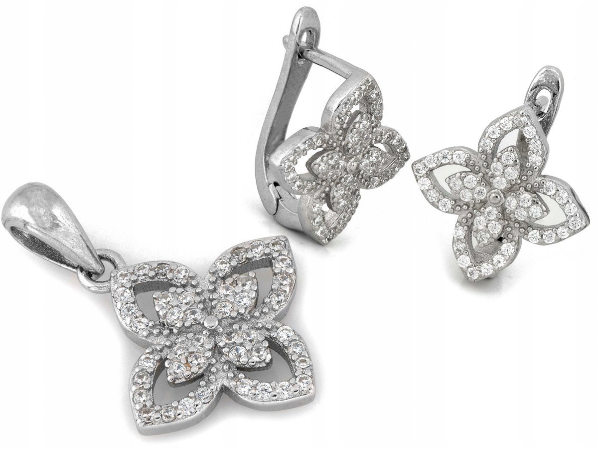 Komplet Srebrny 0.925 Kolczyki i Zawieszka z Kwiatkiem 4.57g na prezent