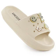 Klapki i japonki damskie - Klapki piankowe na basen plażę na platformie beżowe z ozdobami Vinceza 76055 beżowy - miniaturka - grafika 1