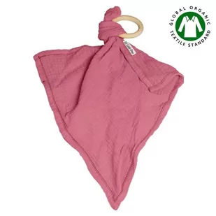 Hi Little One - Przytulanka dou dou z gryzakiem z organicznej BIO bawełny GOTS cozy muslin with wood teether 2in1 Baby Pink Dark - Gryzaki dla dzieci - miniaturka - grafika 1