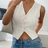 Koszule damskie - TEMU Bluzka Damska z Dekoltem w Serek Bez Rękawów - Elastyczna, Jednokolorowa z Guzikami i Półprzezroczystym Designem do Biura i na Co Dzień, Pranie - miniaturka - grafika 1