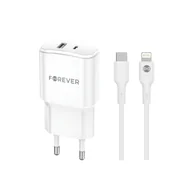 Kable USB - Forever ładowarka sieciowa PD QC TC-01-20AC 1x USB-C 1x USB 20W biała + kabel USB-C - Lightning 20W - miniaturka - grafika 1