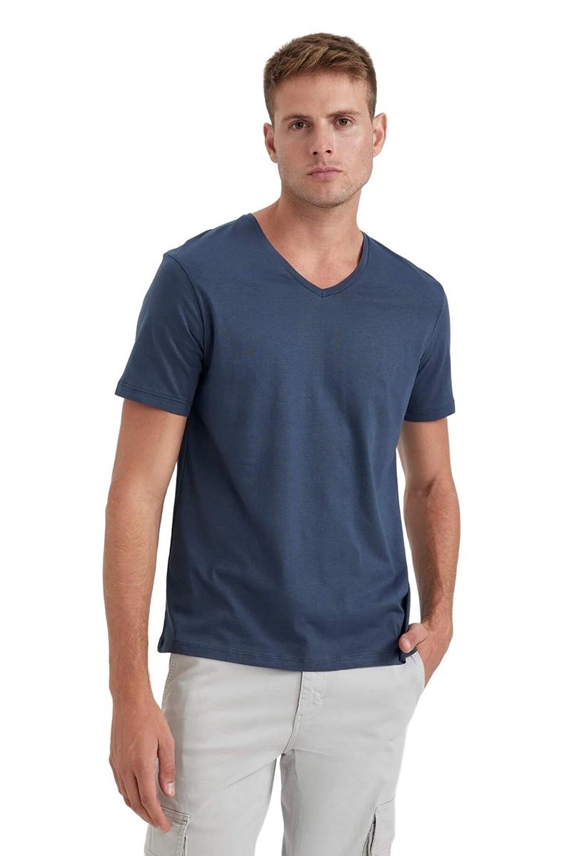 DEFACTO MĘSKI T-SHIRT Z DEKOLTEM V NIEBIESKI GŁADKI S 5DA