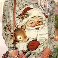 Bluzki damskie - TEMU Koszulka z długim rękawem z nadrukiem Świętego Mikołaja i reniferów dla kobiet - swobodna dzianina poliestrowa, okrągły dekolt, krój H, bez - miniaturka - grafika 1