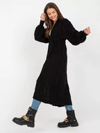 Swetry damskie - Sweter kardigan czarny casual narzutka dekolt w kształcie V rękaw długi długość długa pasek wiązanie - miniaturka - grafika 1