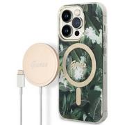 Etui i futerały do telefonów - Guess Zestaw GUBPP14LHJEACSA Case+ Charger iPhone 14 Pro 6,1" zielony/green hard case Jungle MagSafe - miniaturka - grafika 1