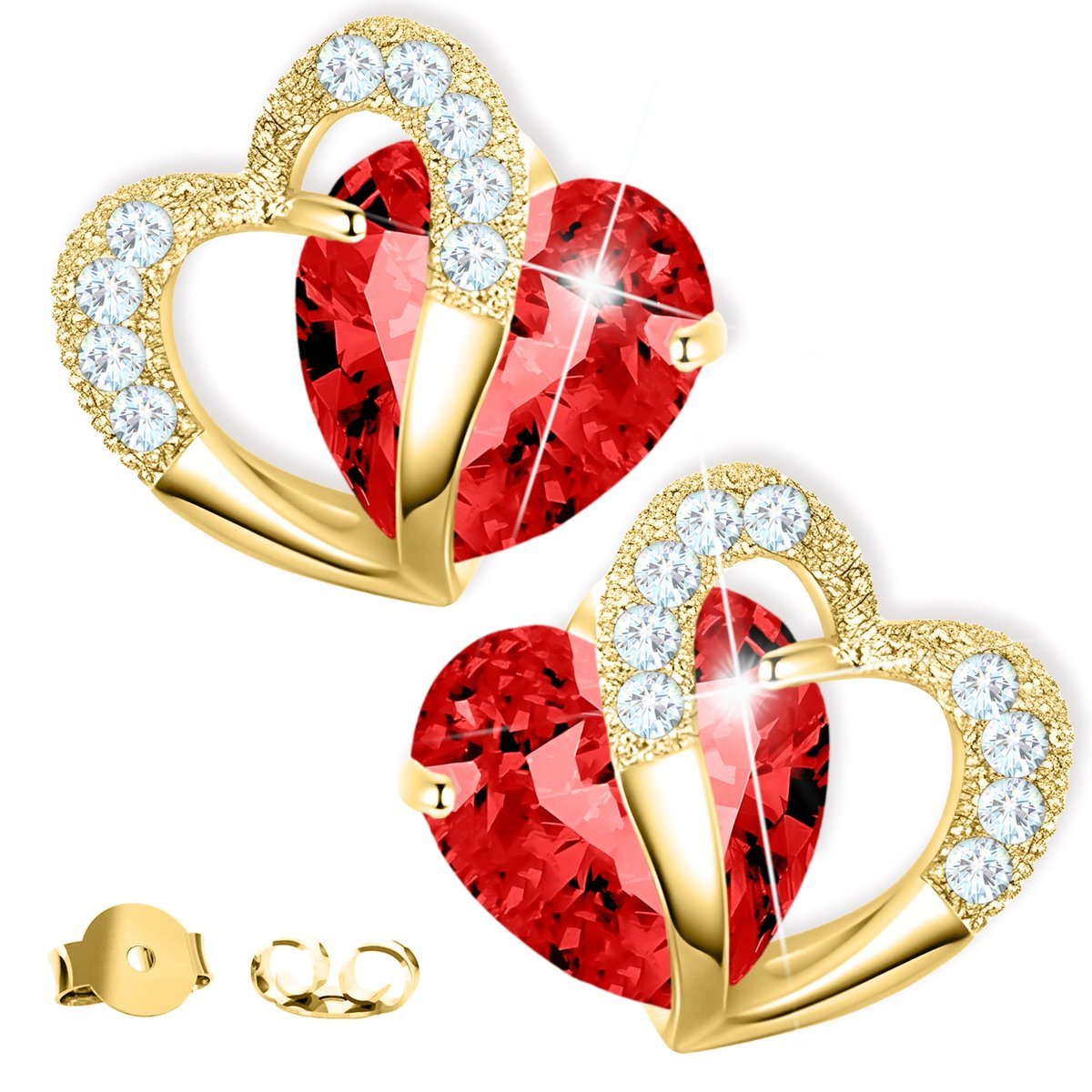 Złote Kolczyki z Czerwonym Sercem Rubinowe Cyrkonie Serca Love SREBRO 925