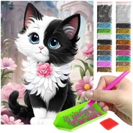 Zabawki kreatywne - Haft Diamentowy 30x40 Diamond Painting mozaika Uroczy kotek wśród kwiatów  zestaw akcesoria - miniaturka - grafika 1