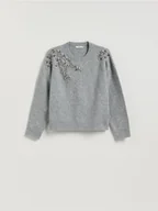 Swetry damskie - Reserved - Sweter z ozdobnymi aplikacjami - jasnoszary - miniaturka - grafika 1