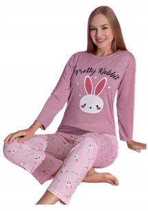 Pretty Rabbit piżama damska brudny róż długi rękaw i nogawki króliczek L - Piżamy damskie - miniaturka - grafika 1