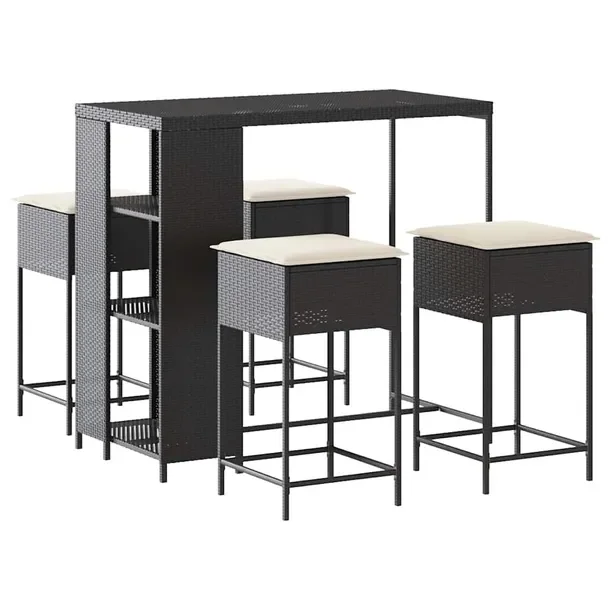 Zestaw mebli barowych czarny rattan PE z poduszkami kremowymi 120x60x110 cm