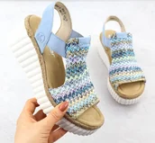 Sandały damskie - Sandały damskie na koturnie plecionka niebieskie Rieker 69172-91 39 - miniaturka - grafika 1