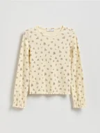 Bluzki dla dziewczynek - Reserved - Prążkowana koszulka w kwiaty - kremowy - miniaturka - grafika 1
