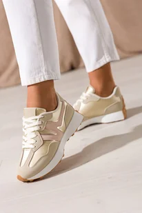Złote sneakersy damskie na białej platformie różowe wstawki sznurowane Casu LA295-41 - Sneakersy damskie - miniaturka - grafika 1