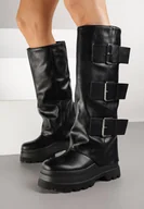 Kozaki damskie - Czarne Kozaki Bikery na Grubej Podeszwie z Wywiniętą Cholewką i Paskami Elliride - miniaturka - grafika 1