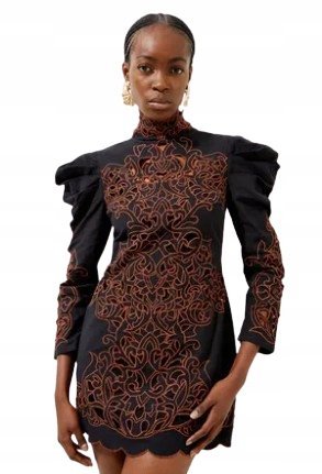 KAREN MILLEN CZARNA SUKIENKA MIDI Z PÓŁGOLFEM I HAFTEM PETITE 36 B1C