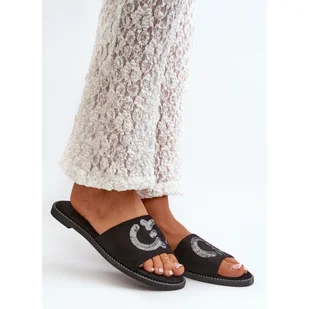 S. BARSKI Klapki damskie z ozdobą S.Barski czarne - Klapki i japonki damskie - miniaturka - grafika 1