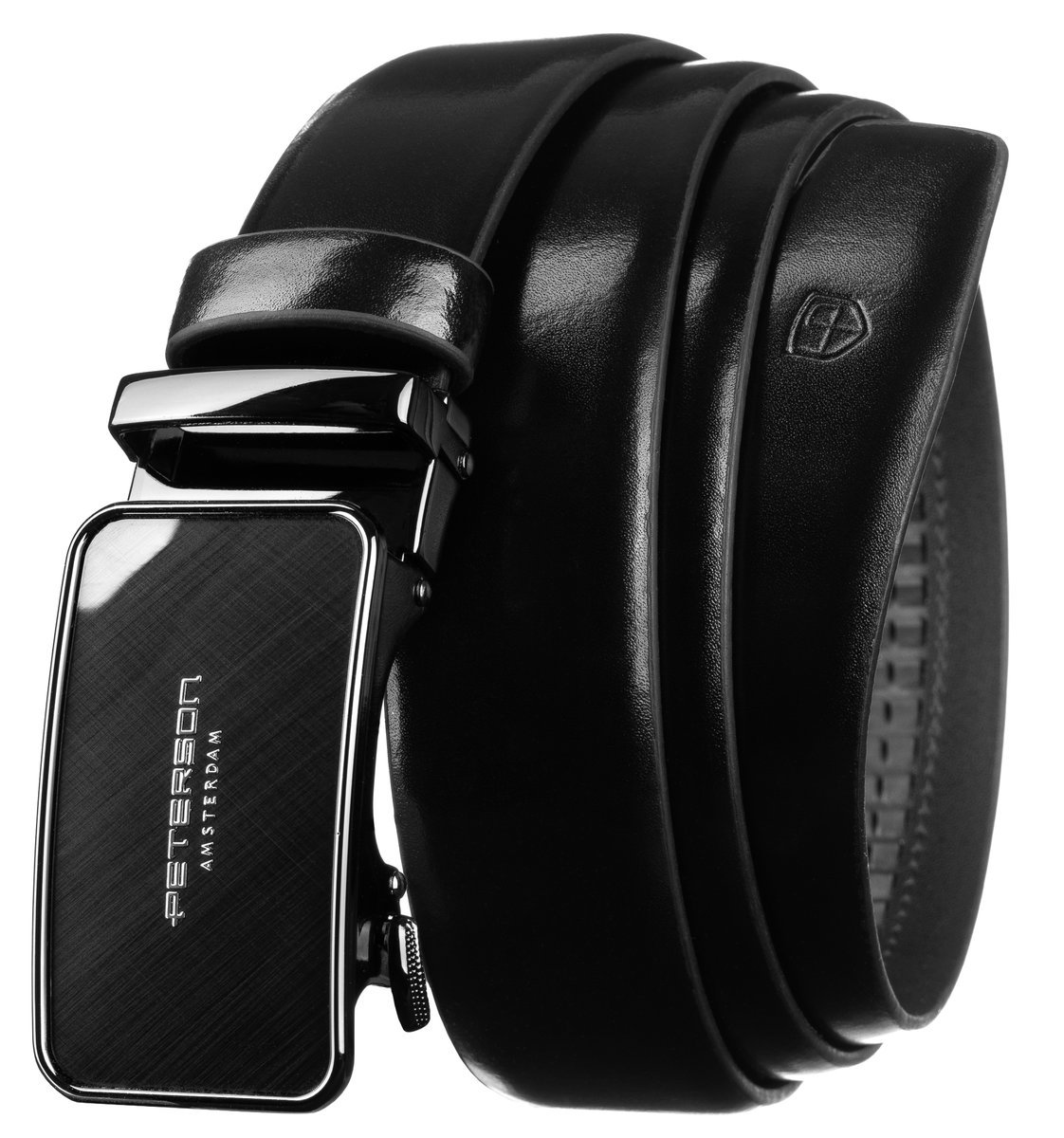 Pasek do spodni czarny męski skórzany PETERSON elegancki gładki casualowy 95 automatyczna klamra