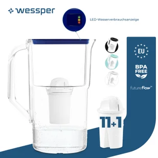 Dzbanek filtrujący wodę Wessper 3,3 litra z licznikiem LED Klasyczna karafka filtrująca kompatybilna z filtrem Brita Classic - niebieski| 12x filtrów w zestawie - Karafki - miniaturka - grafika 1