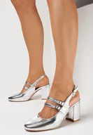 Czółenka - Srebrne Sandały na Słupku z Cienkimi Paseczkami z Małymi Sprzączkami Amalinne - miniaturka - grafika 1