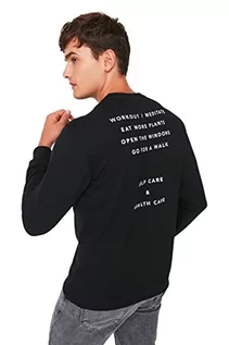 Bluzy męskie - Trendyol Męska bluza z okrągłym dekoltem i napisem, Czarny, XXL - grafika 1