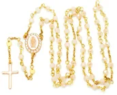 Różańce - Ręcznie robiony różaniec dla dziewczynki, komunijny, ecru, złoty - miniaturka - grafika 1