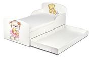 Łóżka dla dzieci i młodzieży - Łóżko białe, drewniane, misie, dla dzieci, z materacem i szufladą, 140x70 cm - miniaturka - grafika 1