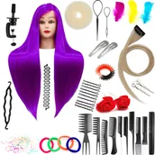 Główki treningowe - Zestaw główka treningowa Ilsa 80 Purple, włos syntetyczny + 80 akcesoriów + uchwyt, fryzjerska do czesania, głowa do ćwiczeń - miniaturka - grafika 1