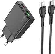 Ładowarki do telefonów - Ładowarka sieciowa do telefonu Hoco Slim USB A + USB C QC3.0 PD 3A 20W + kabel USB C do Lightning N38 czarna - miniaturka - grafika 1