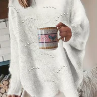 Swetry damskie - TEMU Sweter Damski z Eleganckim Luźnym Krojem i Perłowymi Ozdobami - Długi Rękaw, Okrągły Dekolt, Miękka Biała Bluzka na Wiosnę/Jesień, Casualowy - miniaturka - grafika 1